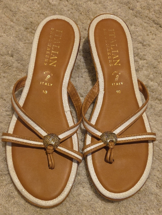 Italian Shoemakers Shoes - Italian Shoemakers Brown and White Leather Slide Sandals with Gold Medallion